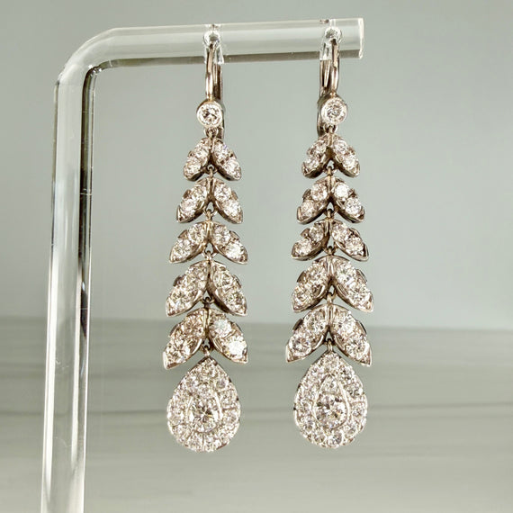 1950's Diamond Leaf Drop Dangle Earrings 18k/Platinum - Jacob's Diamond and Estate Jewelry
