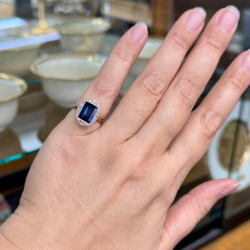 Antique 1930's Lab Grown Sapphire and Rose Cut Diamond Ring 18k Gold - Jacob's Diamond and Estate Jewelry