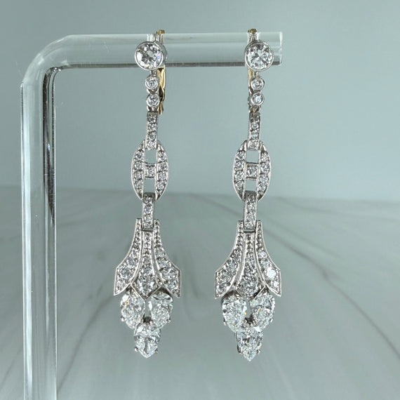 Vintage 1960's Pear and Old European Diamond Drop Dangle Earrings 18k/Platinum - Jacob's Diamond and Estate Jewelry