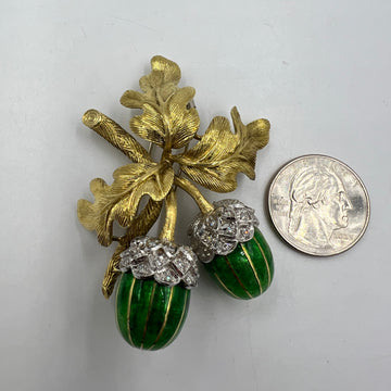 1970s Oak Leaves And Enameled Acorns 18k Yellow Gold Brooch