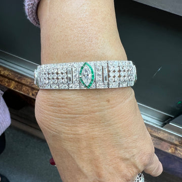 Art Deco Diamond And Emerald Platinum Bracelet Circa 1925