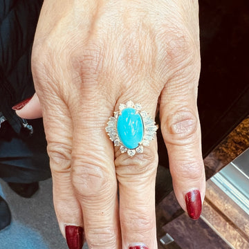 1990s Turquoise Diamond 14k Yellow Gold Cluster Ring