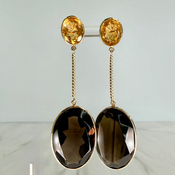 Smoky Quartz and Citrine Statement Dangle Earrings 14k Yellow Gold