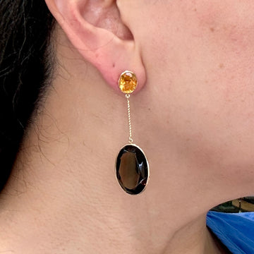 Smoky Quartz and Citrine Statement Dangle Earrings 14k Yellow Gold