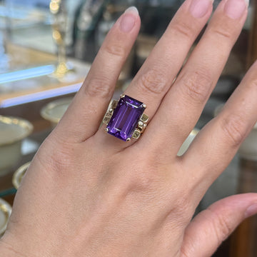 Vintage 1950's Retro Emerald Cut Amethyst Statement Ring 14k Yellow Gold