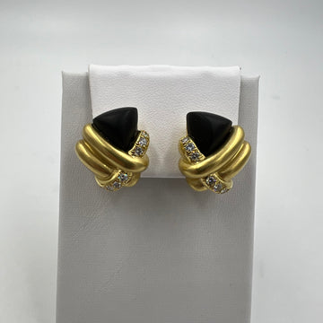 1970s Marlene Stowe Matte Onyx Diamond 18k Yellow Gold Clip On Earrings