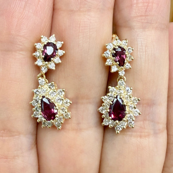 Vintage Ruby and Diamond Dangle Earrings 14k Yellow Gold