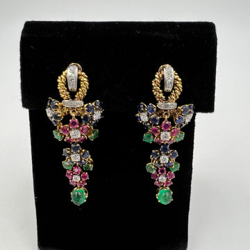 1950s Emerald Ruby Sapphire Diamond Dangling Clip On Earrings