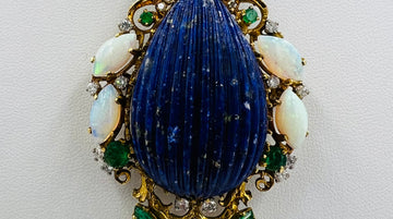 1970s Lapis Emerald Opal Diamond Yellow Gold Pendant Brooch