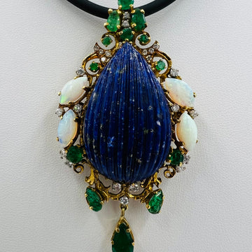 1970s Lapis Emerald Opal Diamond Yellow Gold Pendant Brooch