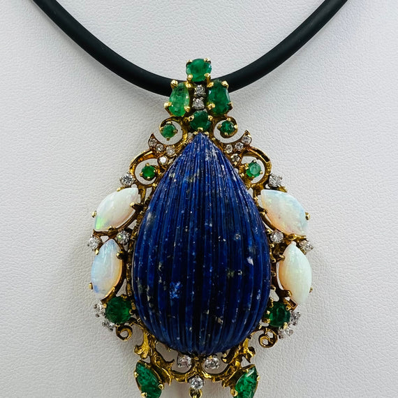 1970s Lapis Emerald Opal Diamond Yellow Gold Pendant Brooch