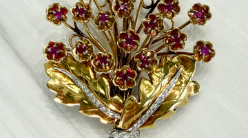 Vintage 1940's Retro Ruby and Diamond Large Flower Brooch Pin 14k/18k Gold
