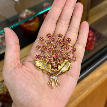 Vintage 1940's Retro Ruby and Diamond Large Flower Brooch Pin 14k/18k Gold