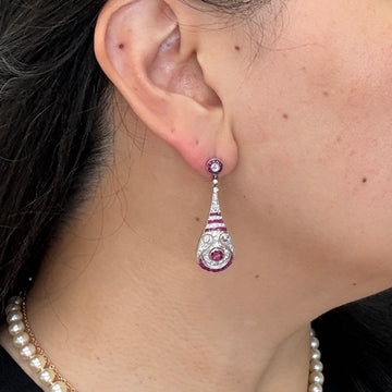 Estate Ruby and Old Cut Diamond Dangle Earrings Platinum/14k Gold