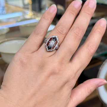 Antique 1925 Art Deco Carnelian and Onyx Diamond Filigree Ring 14k White Gold