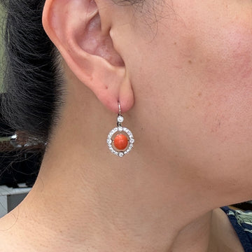 Antique 1925 Art Deco Coral and Old European Diamond Earrings Plat/14k