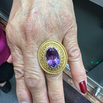 1880s Victorian Etruscan Revival Amethyst 14k Gold Ring