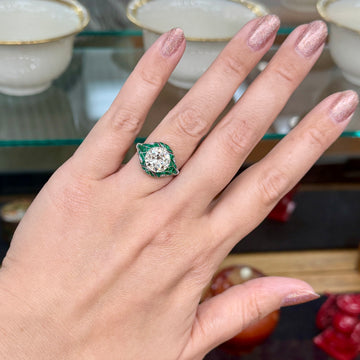 Old European Diamond and Emerald Engagement Ring Platinum