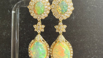 Estate 14k Yellow Gold Opal and Diamond Dangle Earrings
