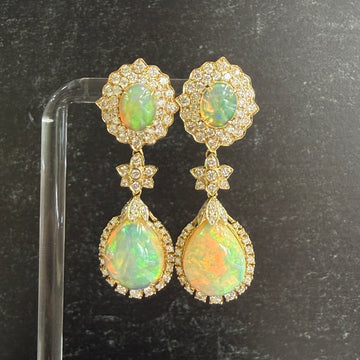 Estate 14k Yellow Gold Opal and Diamond Dangle Earrings