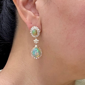 Estate 14k Yellow Gold Opal and Diamond Dangle Earrings