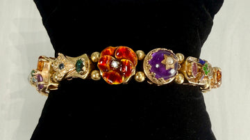 Vintage 1970's Gemstone and Diamond Slide Bracelet 14k Yellow Gold