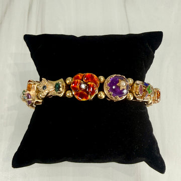 Vintage 1970's Gemstone and Diamond Slide Bracelet 14k Yellow Gold