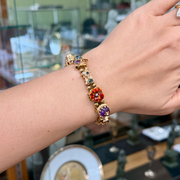 Vintage 1970's Gemstone and Diamond Slide Bracelet 14k Yellow Gold
