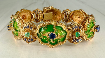 Vintage 1960's Enamel Sapphire and Emerald Bracelet 18k Yellow Gold