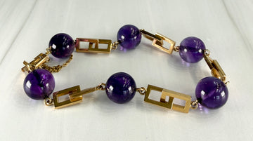 Vintage 1950's Amethyst Cabochon Geometric Bracelet 14k Yellow Gold