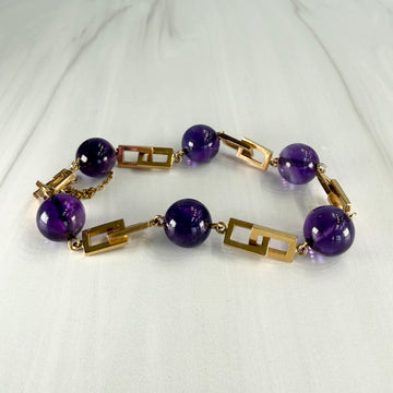 Vintage 1950's Amethyst Cabochon Geometric Bracelet 14k Yellow Gold