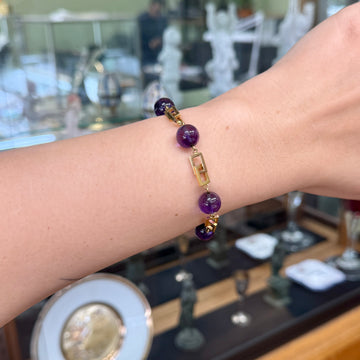 Vintage 1950's Amethyst Cabochon Geometric Bracelet 14k Yellow Gold