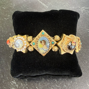 Vintage 1950's Intricate Gemstone Slide Bracelet 14k Yellow Gold
