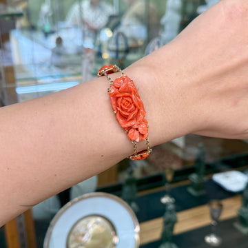 Vintage 1950's Carved Coral Bracelet 14k Yellow Gold - Jacob's Diamond and Estate Jewelry