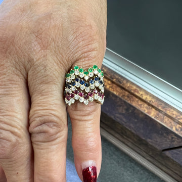 1970s Three Ring Set Diamonds Emeralds Rubies Sapphires 18k Yellow Gold Size 3.75