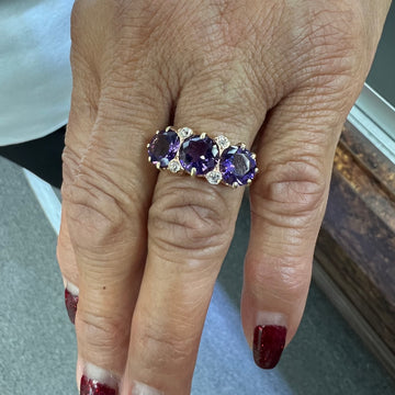Victorian Amethyst Three Stone And Diamond Gold Ring