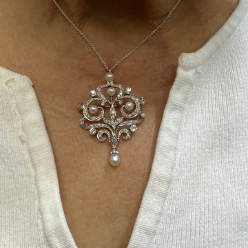 1910 Edwardian Diamond Pearl Brooch Pendant Platinum And Gold