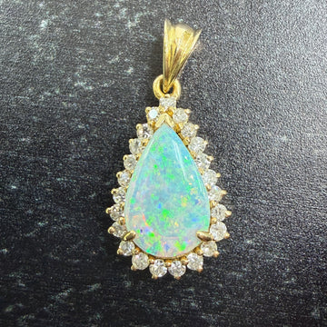 Vintage 1980's Opal and Diamond Pendant 18k Yellow Gold