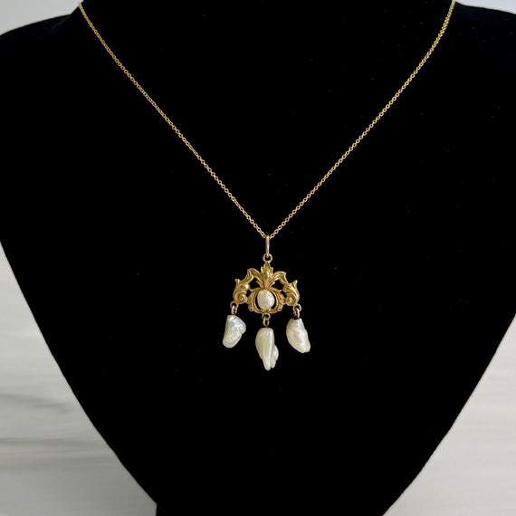 Antique 1905 Art Nouveau Pearl Drop Pendant Necklace 14k Yellow Gold