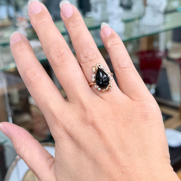 1990's Pear Onyx and Diamond Ring 14k Gold