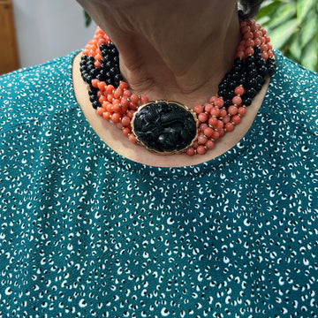 Coral Onyx Black Jade Multi Strand Torsade Bead Necklace