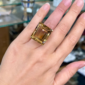 1950's Large Emerald Cut Smokey Quartz Statement Ring 18k Yellow Gold