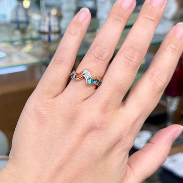 Navajo Zuni Inlaid Turquoise Coral and Opal Wavy Zigzag Band Ring 14k - Jacob's Diamond and Estate Jewelry