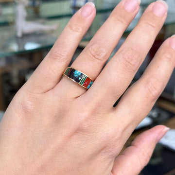 Native American Inlay Band Ring Turquoise Malachite Coral 14k Yellow Gold - Jacob's Diamond and Estate Jewelry