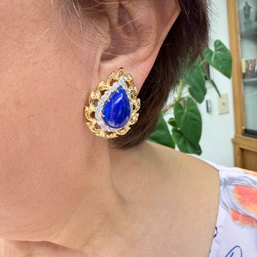 David Webb Lapis Diamond Yellow Gold Platinum Clip On Earrings - Jacob's Diamond and Estate Jewelry