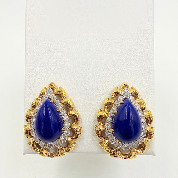 David Webb Lapis Diamond Yellow Gold Platinum Clip On Earrings