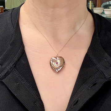 Antique 1908 Ruby and Diamond Sun & Crescent Moon Heart Locket Pendant 9k Gold - Jacob's Diamond and Estate Jewelry