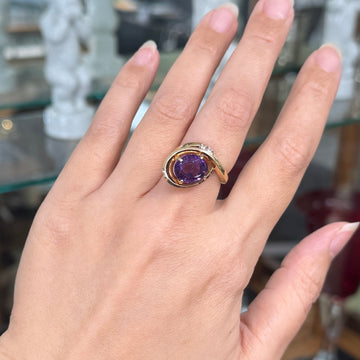 Vintage Amethyst and Diamond Modernist Bypass Swirl Ring 14k Yellow Gold