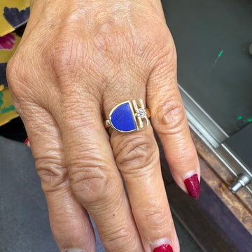 1970s Lapis Diamond Hand Crafted 14k Yellow Gold Ring - Jacob's Diamond and Estate Jewelry