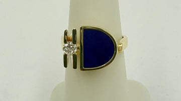 1970s Lapis Diamond Hand Crafted 14k Yellow Gold Ring